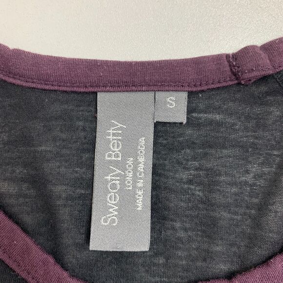 Sweaty Betty Top Womens S Small Purple/Black Semi Sheer Crew Neck 3/4 Sleeves - Picture 9 of 12